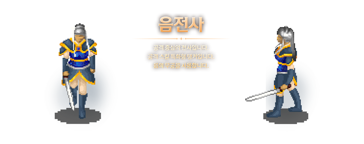 음전사: 공격 중심의 공격 전사입니다. 양전사와는 반대로 방어보다 공격을 중시합니다.